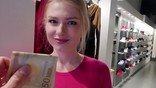 Busty amateur takes cash for cock in her tiny pussy