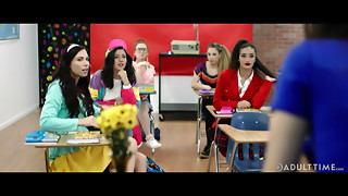 Ass licking, Brunette, Fingering, Group Sex, Lesbian, Masturbation, School