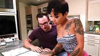 Amateur, Black and Ebony, Blowjob, Brunette, Caught, Cumshot, Girlfriend, Kitchen, Stepsister, Small Tits