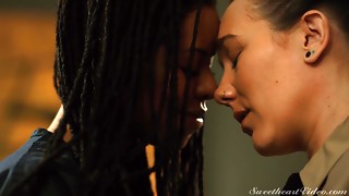Ass licking, Black and Ebony, Brunette, Fetish, Foot Fetish, Kissing, Office, Small Tits, Tattoo
