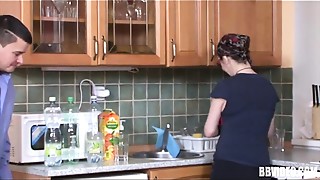 Blowjob, Brunette, Facial, Fucking, Kitchen, MILF, Stepmom